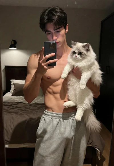 Muscular man taking a mirror selfie with a fluffy white cat indoors