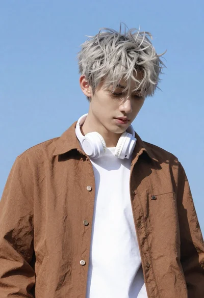 Young man with messy silver hair looking down against clear blue sky