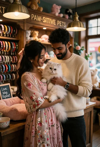 Couple holding white cat inside cozy wooden pet shop setting