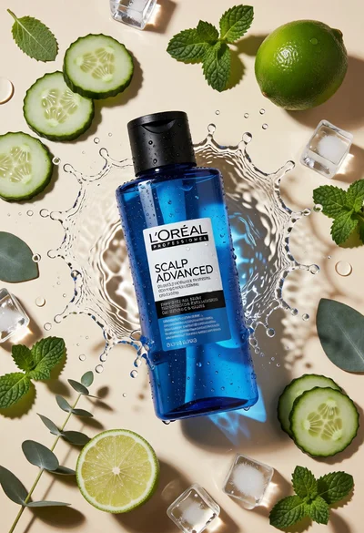 Topdown studio shot of blue shampoo bottle with fresh ingredients