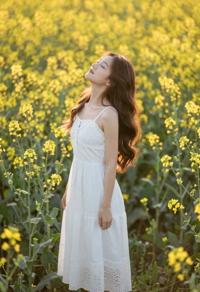 Fairskinned woman in white dress standing in sunny meadow wildflowers