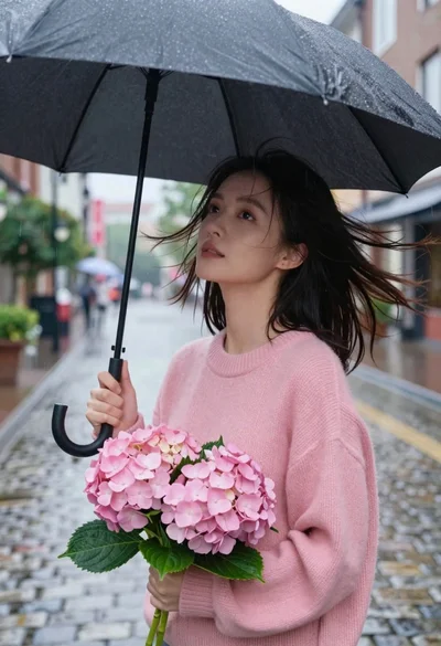 Young woman in pink sweater holding flowers under umbrella in rain