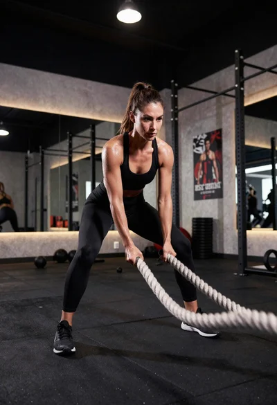Fit athletic woman slamming battle ropes in modern gym studio