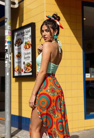 Young woman looking back over shoulder against bright yellow tiled urban facade