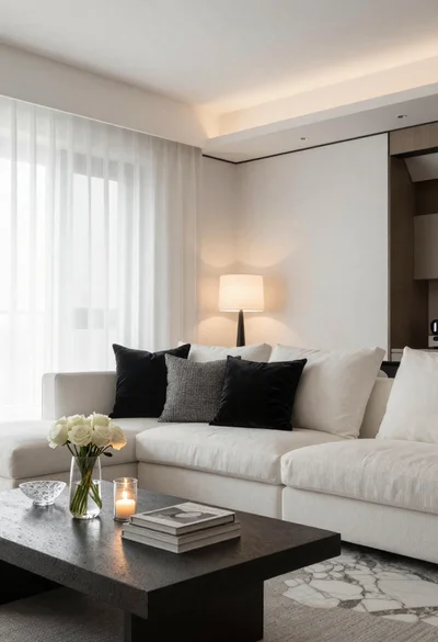 Minimalist living room interior with white sofa and stone table