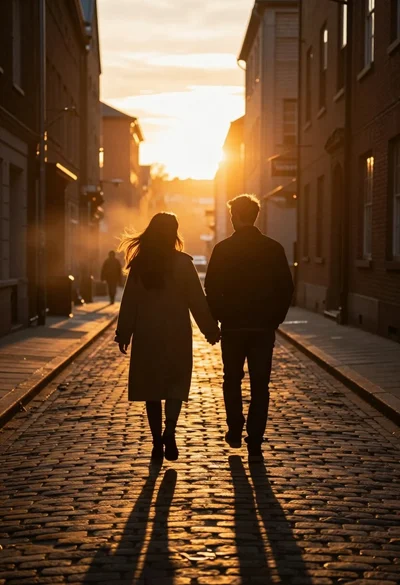 Romantic silhouette of couple walking down cobblestone street at sunset