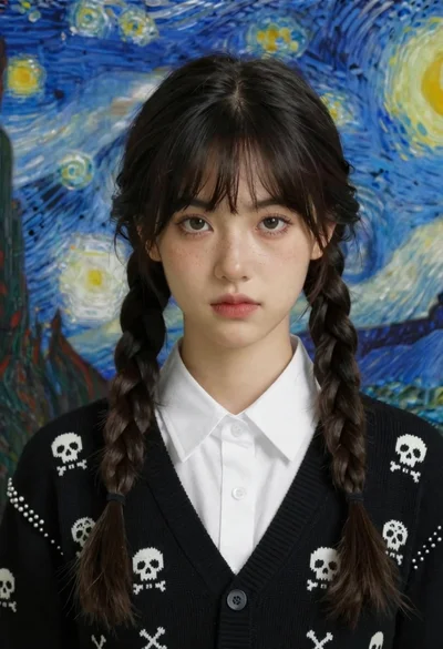Closeup portrait of young woman with braids and freckles against starry night