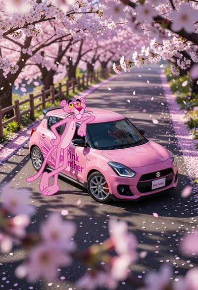 Pink suzuki swift car with panther character under cherry blossom canopy