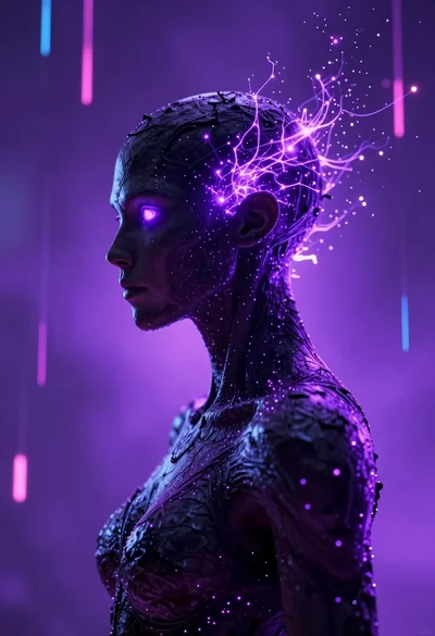 Profile view of dark textured humanoid figure with glowing purple eyes