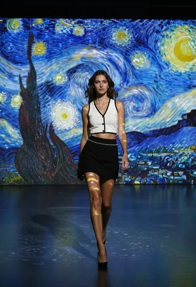 Woman in white top walking through immersive van gogh art gallery