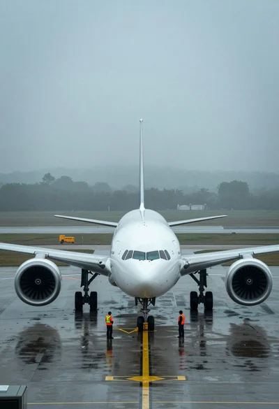 Massive white airliner on wet tarmac viewed from low angle in fog