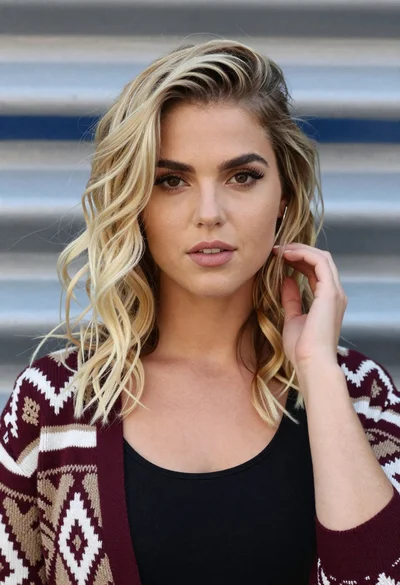 Close up portrait of blonde woman touching head against metallic structure