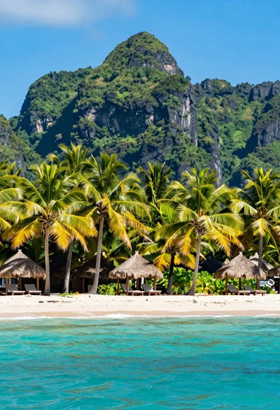 Wide view of tropical beach with turquoise ocean mountain and palm trees