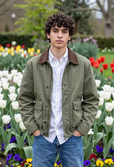 Young man in olive jacket standing confidently in a lush flower garden