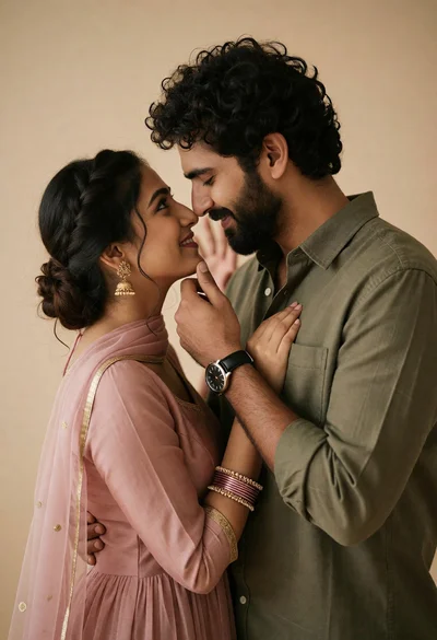 Intimate portrait of couple embracing against solid beige studio backdrop