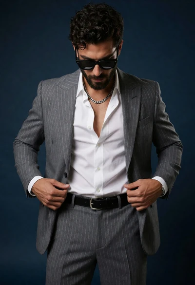 Stylish man in pinstripe suit adjusting jacket against dark blue background