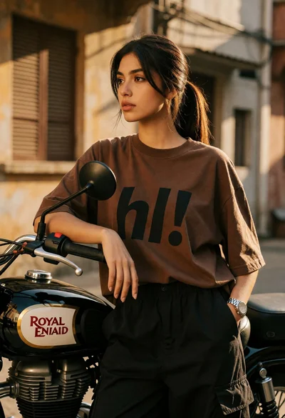 Young woman leaning on motorcycle in urban alleyway during golden hour light