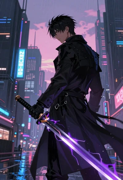 Man with glowing sword in cyberpunk city skyline