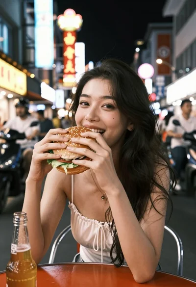 Young woman eating burger at crowded neon lit city street table