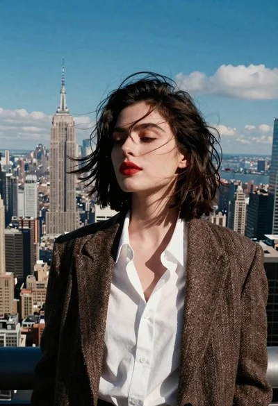 Woman looking at city skyline with windswept dark hair