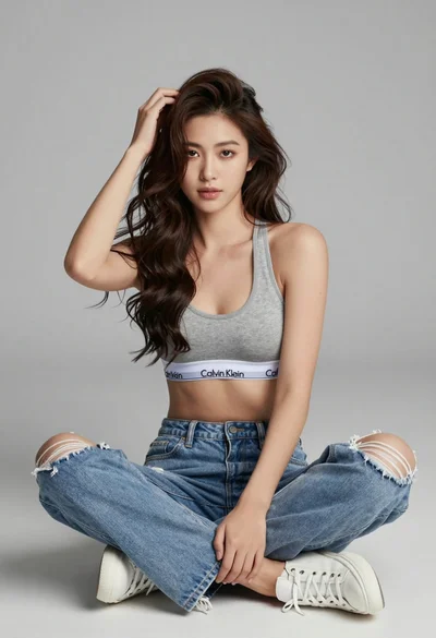 Young woman in sports bra ripped jeans sitting cross legged studio portrait