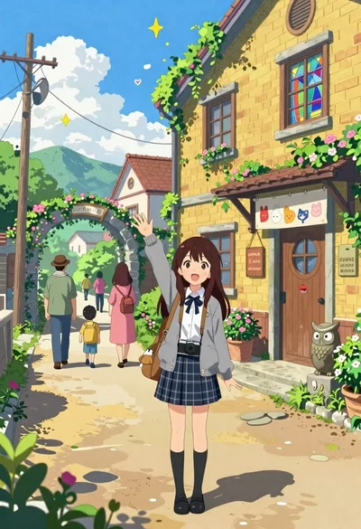 Cheerful young girl waving at viewer on village street with yellow building