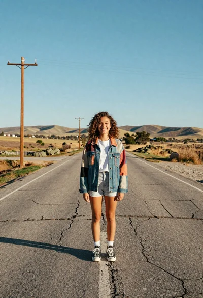 Young woman with curly brown hair standing on cracked asphalt road