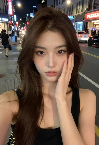 Selfie portrait of woman on busy city street at night