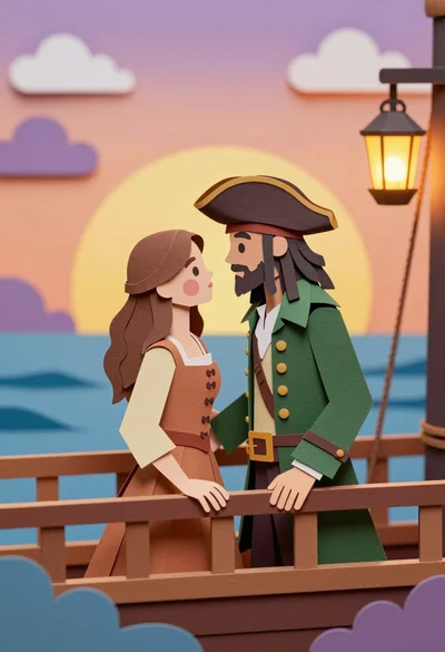 Romantic paper cutout of pirate couple on ship deck at sunset