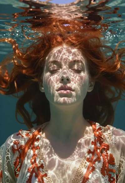Underwater portrait of woman with red hair in dappled light