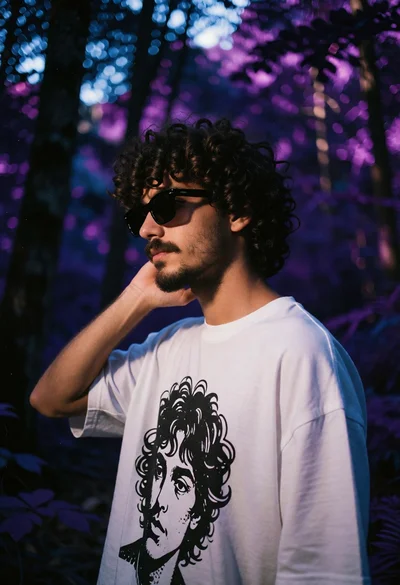 Young man in white graphic tshirt standing in profile within a purple