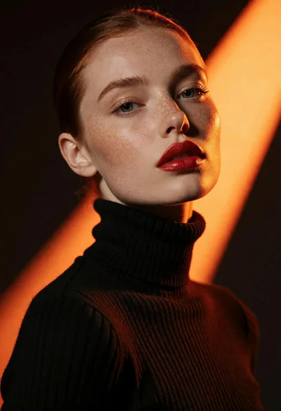 Close up portrait of young woman with freckles and red lipstick in