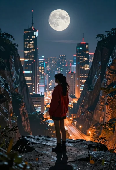 Woman on cliff overlooking futuristic city skyline at night
