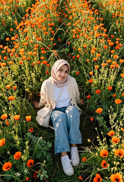 Young woman in beige hijab sitting among orange poppies viewed from above