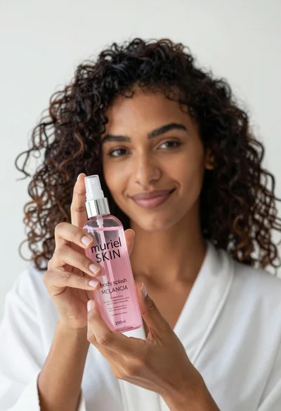 Close up of woman holding pink body splash bottle in bright white