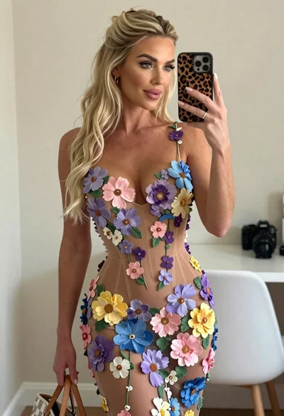 Blonde woman mirror selfie wearing elaborate floral bodysuit indoors
