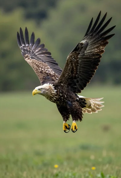 Majestic whitetailed eagle soaring through lush green forest landscape