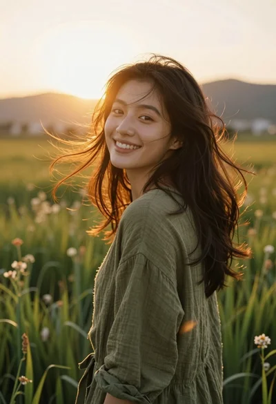 Smiling woman in olive top standing in tall grass field at sunset
