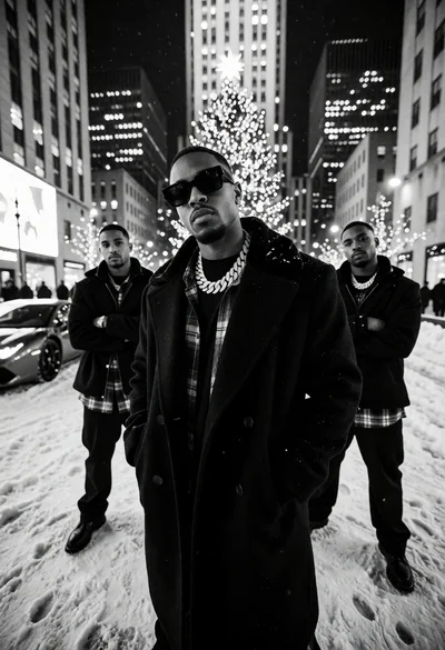 Low angle black and white photograph of men in coats on snowy