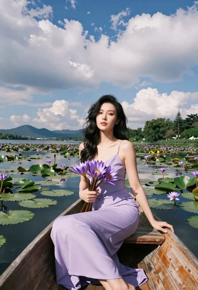 Serene portrait of woman in wooden boat holding purple lilies on lake