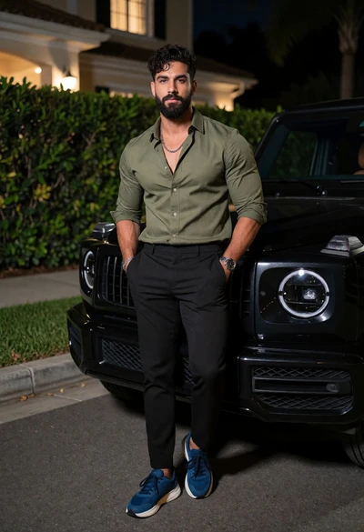 Fit man leaning against black luxury suv at night on paved street