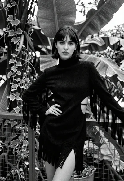 Young woman in black fringe outfit leaning on railing in lush garden