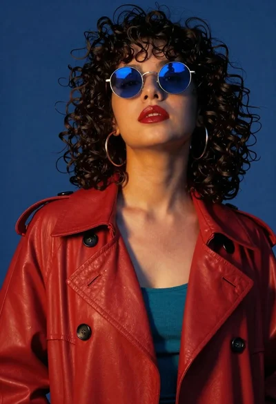 Woman in red trench coat looking up with sunglasses