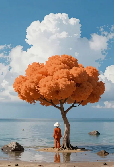 Solitary figure under tree near calm ocean