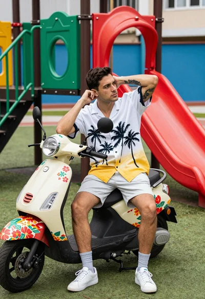 Man sitting on colorful floral scooter in vibrant outdoor playground setting