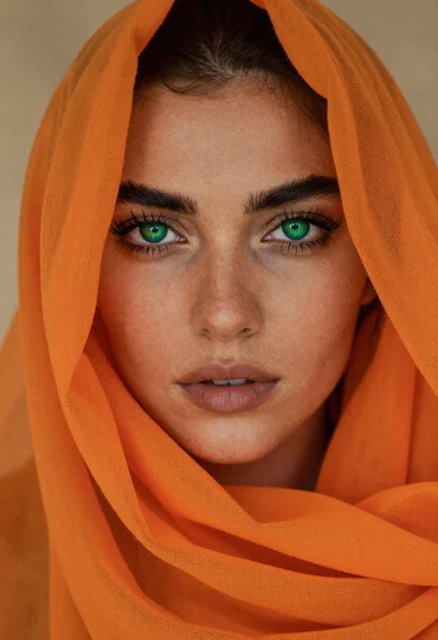Portrait of woman with green eyes in orange sheer fabric