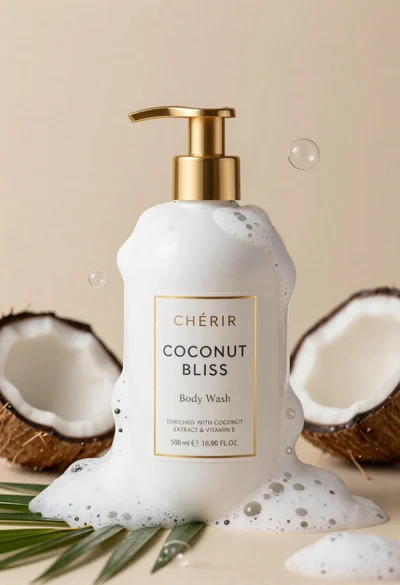 Luxurious white body wash bottle with gold pump amidst splashing foam bubbles