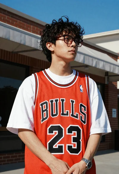 Young man in bulls jersey on brick storefront