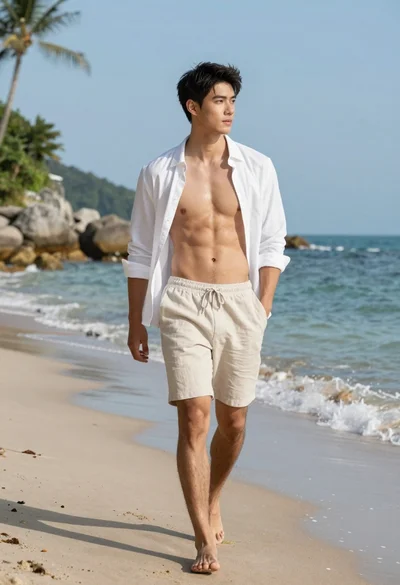 Fit young asian man walking barefoot on tropical beach near gentle waves