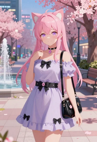 Anime portrait of woman with pink hair in urban park